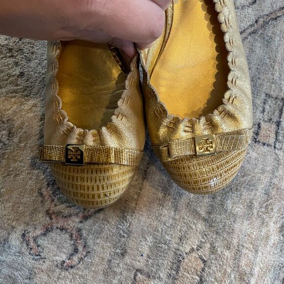 Tory Burch Romy Tan & Gold Cap Toe Leather Ballet Flats Shoes SZ 7.5 Classic EUC - Picture 5 of 11